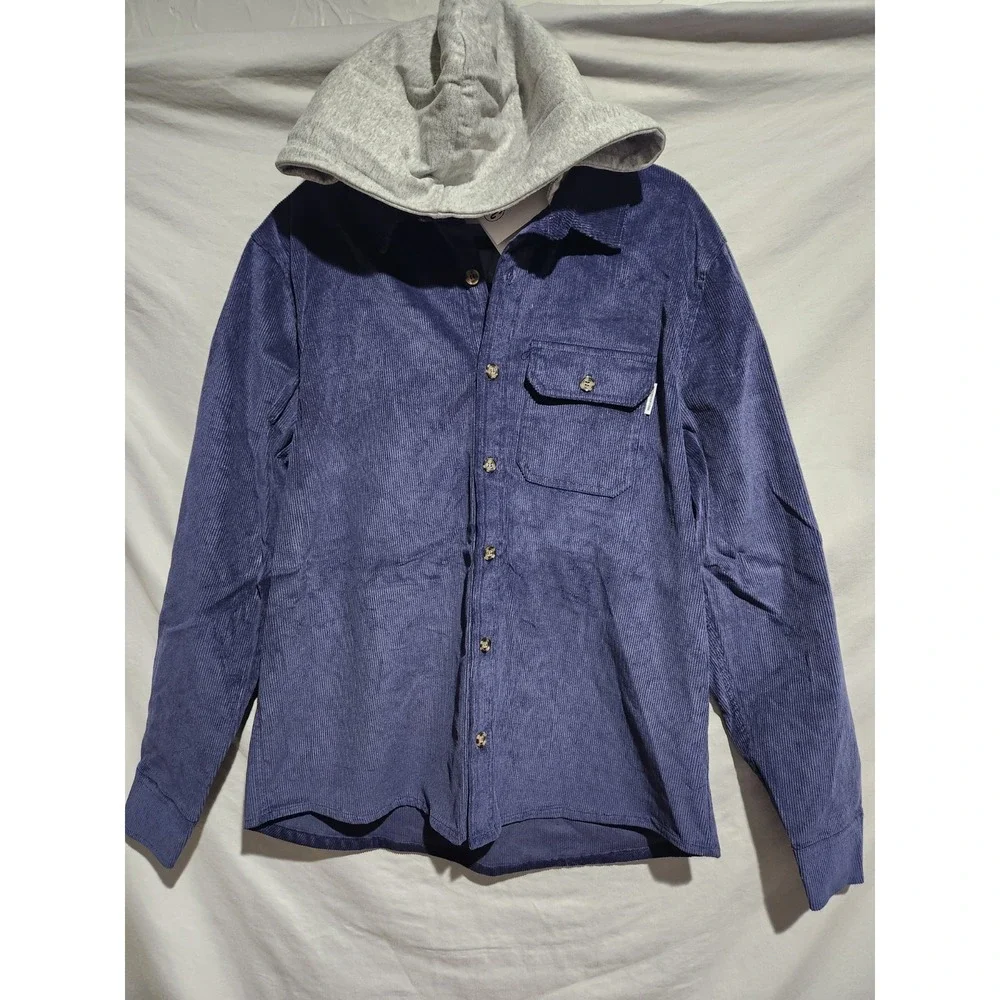 NEW Sovereign Code Navy Blue Corduroy Button Up Shacket W Jersey Knit Hood LARGE